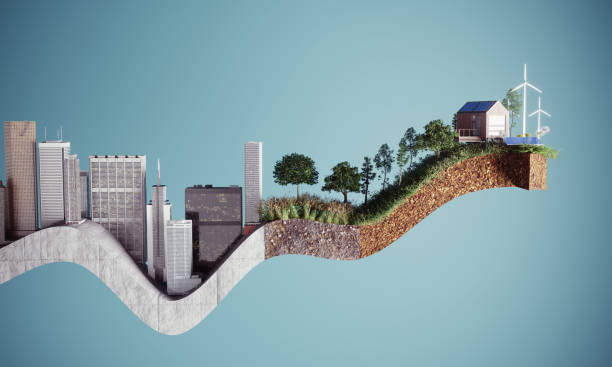 Sustainable growing curve graph made of concrete city with skyscrapers transforming to sustainable green city. (3d render)